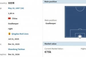 德转：泰山队门将刘世博租借加盟青岛红狮，租借费约20万人民币